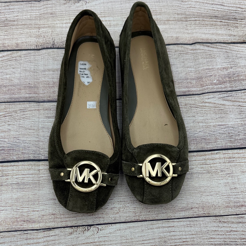 Michael Kors Dark Green Suede Flats With Gold Logo